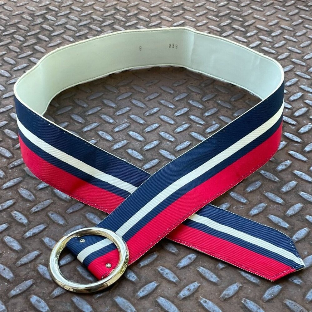 Women Belt Multi Color Canvas Wide Waistband Gold Tone Buckle Size 32 inches